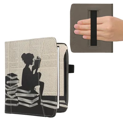 Produktbild von kwmobile Flip Hülle kompatibel mit Pocketbook Era / Era Color - Vorderfach Handschlaufe - Lesende Frau Schwarz Beige