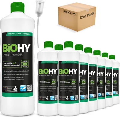 Produktbild von BiOHY Parkettreiniger (12x1l Flasche) + Dosierer | Ideal für versiegeltes Parkett | materialschonend & ohne rückfettende Wirkung | Für eine streifenfreie Reinigung | stehende Nässe vermeiden