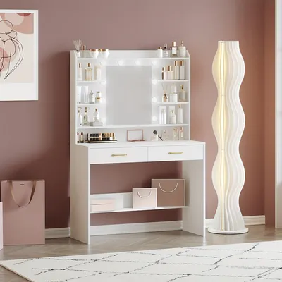 Immagine prodotto di Comò da trucco - Tavolo da trucco - Comò con specchio - Comò - Comò con specchio - Bianco - Con specchio e ampio spazio di stoccaggio
