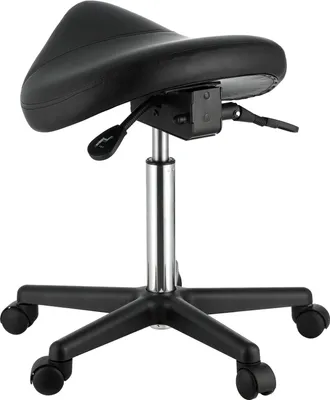 A studio shot of a black saddle stool.