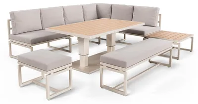 Produktbild von di volio Gartenmöbel Set MERUZO, Sitzgruppe Outdoor mit höhenverstellbarem Tisch, Gartengarnitur 6-teilig mit Sofa, Ecksofa und Bank, wetterfest, Beige