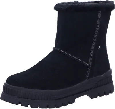 A black winter boot with a thick sole and faux fur trim.