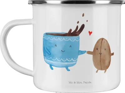 Produktbild von Mr. & Mrs. Panda Teetasse Kaffee Bohne - Weiß - Geschenk, Emaille Tasse, Pott, Zufriedenheit, Kaffeepott, Becher, Glück, emaillebecher, Lustige Sprüche, Kaffeebohne