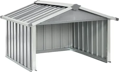 A metal shed for a lawnmower, shown from the front with an open entrance.