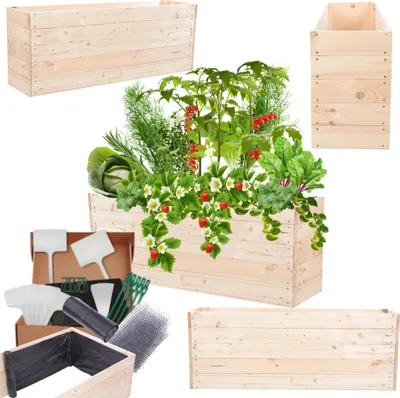 Produktbild von MODO24 Hochbeet Holz, Pflanzkasten, Massivholz, Kiefer, Kräuterbeet, Blumenkasten, Garten, Terrasse, 45x120x30 cm, Natur, ZP06