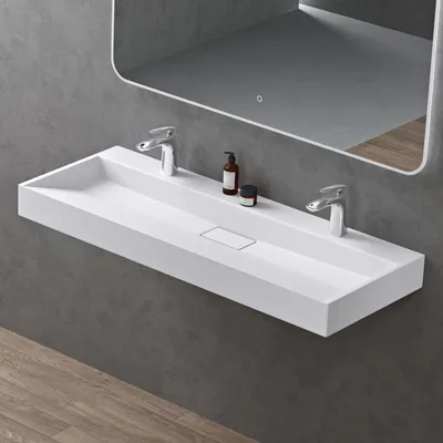 Immagine prodotto di doporro Lavabo da Appoggio Bagno Sospeso Lavandino Rettangolare in Marmoresina con Piletta di Scarico Inclusa Colossum19, 120x46x11 cm Bianco Opaco 2 Fori per Rubinetto