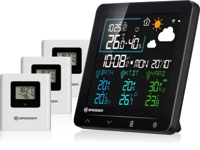 Produktbild von Bresser Quadro Individio Wetterstation NV mit 3 Außensensoren, integriertem Thermo-Hygrometer, 4 Messwerten und Luftdruckhistorie sowie Weckfunktion
