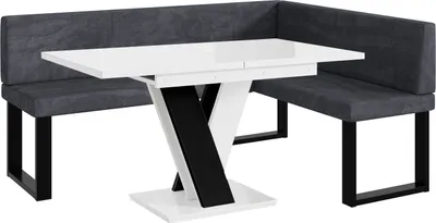Produktbild von MEBLINI Eckbank für Esszimmer mit ausziehbarem Tisch  - Küchenbank - Essecke - Sitzecke Küche - TONI - U-Beine 128x168x87cm Rechts - Dunkelgrau Samt/M Weiß-Schwarz Hochgl.