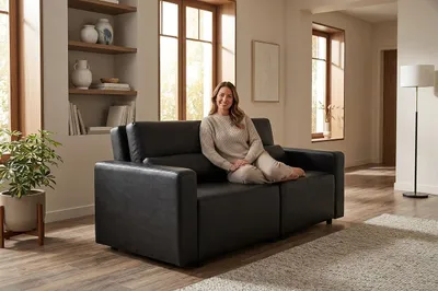 Produktbild von Schlafsofa KOMO Boston – Mit Schlaffunktion & Bettkasten, Kunstleder in Schwarz, Family Meble, KI-generiertes Bild