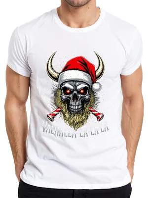 Immagine prodotto di Maglietta da uomo Valhalla La La La Viking Skull Beard Santa Christmas, bianco, L