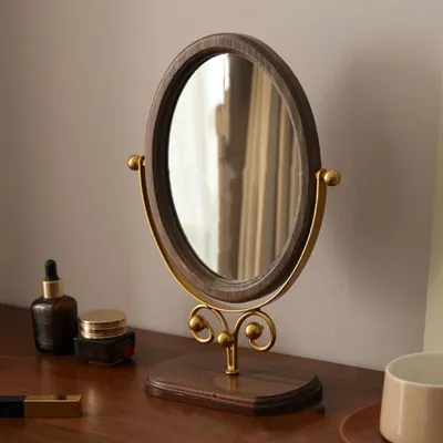 Imagen del producto de Omgoods - Espejo de mesa ovalado de madera - Espejo de maquillaje para baño y dormitorio