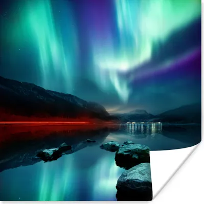 Produktbild von MuchoWow® Poster Nordlichter - Steine - Wasser 50x50 cm - Wohnzimmerdekoration