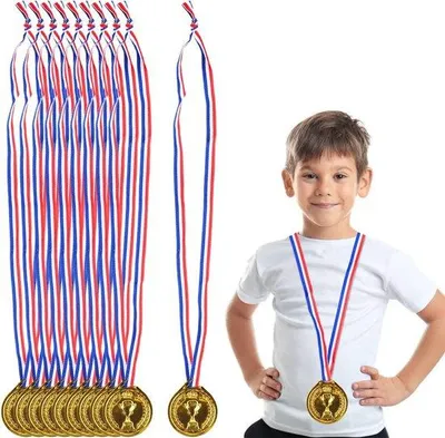 Immagine prodotto di 10 medaglie in plastica - Oro - Medaglie personalizzate con nastro per bambini