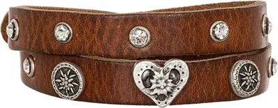 Produktbild von Armband aus glänzendem hellbraunem Leder, 1 cm breit, 40 cm lang, doppelt geschlungen, verstellbar, mit Edelweiß-Motiven