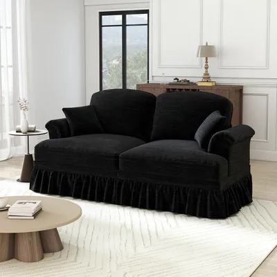 Produktbild von okwish Zweisitzer-Loungesofa Chaiselongue mit flared Armlehnen und Holzbeinen,Relaxsofa Chaiselongue Schlafsofa mit abnehmbaren Rüschenfaltenrock,Schwarz