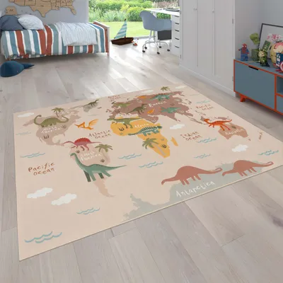Image de Tapis pour chambre d'enfant Tapis pour enfants Dinosaures Monde Antidérapant Beige Marron Vert Dimensions 200 cm carrés