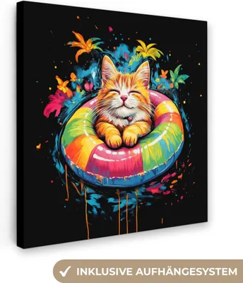 Produktbild von MuchoWow® - Leinwandbilder - Graffiti - Sommer - Katze - Tier, Wandbild, Wanddeko Bilder Wohnzimmer, 50x50cm