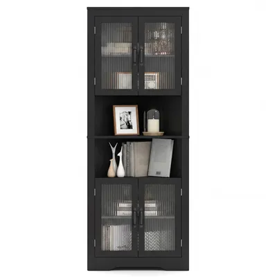 Produktbild von COSTWAY Küchenschrank, Eckschrank mit 4 Glastüren & 6 Ablagen, Buffetschrank, Mehrzweckschrank Hochschrank, für Küche Esszimmer Wohnzimmer, Schwarz