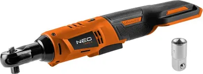 A cordless ratchet tool and a socket adapter are shown against a white background.