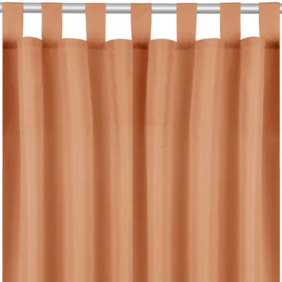 A close-up view of a brown curtain with fabric loops at the top, hanging from a silver rod.