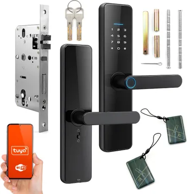 A smart door lock system with various components, including a lock mechanism, keypad handle, keys, and RFID tags, displayed on a white background. A smartphone showing the Tuya app is also present.