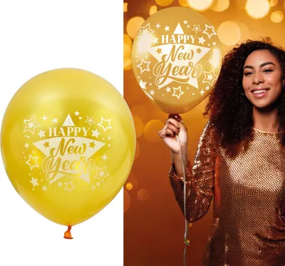 Imagen del producto de Celebración de Año Nuevo: globos, decoración dorada, ideas para fiestas y eventos, ambiente elegante y brillante, atmósfera festiva, diseños creativos, momentos sorpresa. Color: dorado