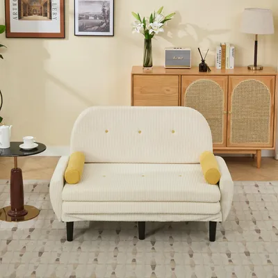 Produktbild von Elfenbeinfarbener Cord-Loveseat-Sofa für das Wohnzimmer, als Daybed und Relaxsessel mit Stauraum.