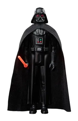 A full-body shot of a Darth Vader action figure holding a red lightsaber, against a white background.