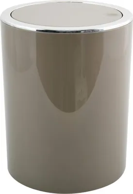 A taupe trash can with a silver rim and lid.