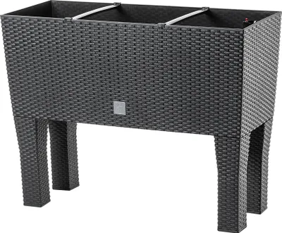 Produktbild von KADAX Blumentopf auf Beinen "Trikala", aus Kunststoff, Pflanzkasten in Rattanmotiv, Blumenkasten, 60 cm, Anthrazit