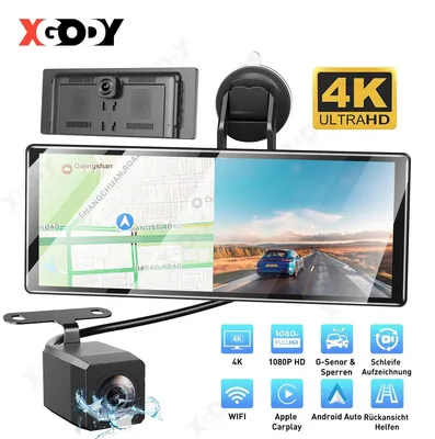 Produktbild von Dashcam Rückspiegel Monitor Wireless CarPlay Android Auto 4K Frontkamera 1080P Rückfahrkamera Dual Autokamera mit Parkmodus