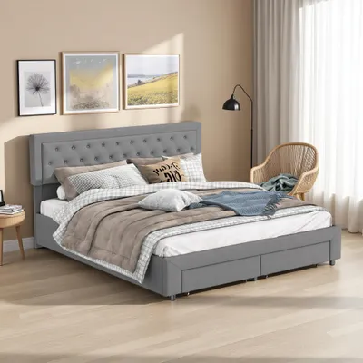 Produktbild von Graues Stauraumbett 160 x 200 cm, aus Samt, mit höhenverstellbarem, gepolstertem Kopfteil, Stauraum mit Schubladen und Holzlattenrost