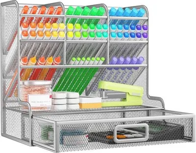 Image de Organiseur de bureau à 9 compartiments, avec station de recharge et plateau à stylos en métal, porte-stylos de bureau pour l'école et la maison (argent)