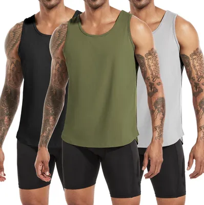 Produktbild von Ein Set aus 3 Herren-Tanktops ohne Ärmel in Schwarz, Grau und Grün, aus Baumwollmischung, ideal für Fitness und Training