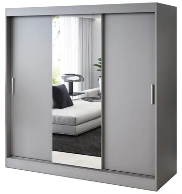 Produktbild von Kleiderschrank mit Spiegel - 200x200cm - Anthrazit Matt - Schiebetürenschrank HUGO - 3-türig - mit 4 Kleiderstangen
