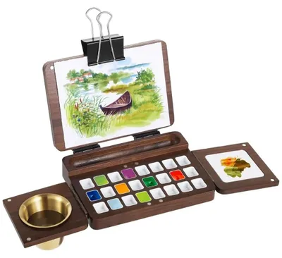 Aquarellpalette aus Walnussholz, 24 Fächer, zusammenklappbar, Reiseset