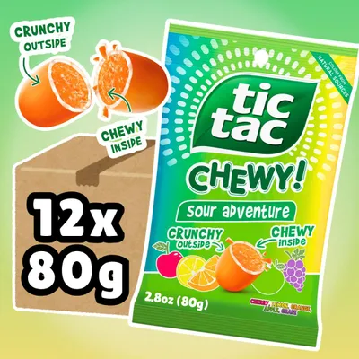 Produktbild von 12x Tic Tac Chewy! Sour Adventure – 12x80 g – Saure Kaubonbons mit Fruchtgeschmack + Heartforcards Versandschutz