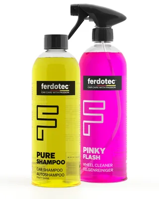 Produktbild von FERDOTEC Auto Reinigungsset Shampoo & Felgenreiniger (2 x 750 ml) Hochkonzentriertes Autoshampoo Schaumreich, Alufelgen Reiniger - Felgenreiniger Set