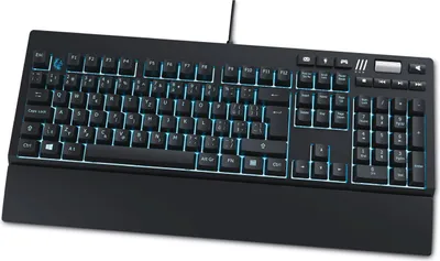 A black gaming keyboard with blue backlighting is shown against a white background.