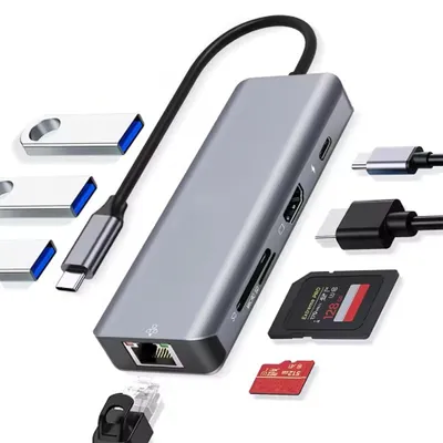 Produktbild von USB 8-in-1 Type-C 3.1 zu 4K HDTV Hub Adapter, USB3.0, SD, RJ45 für MacBook