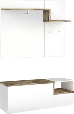 Produktbild von Eingangsmöbel Yuri, Moderner multifunktionaler Eingang, Mehrzweckschrank für Atrium, 100%  Italy, cm 120x40h54, Hochglanzweiß und Ahorn