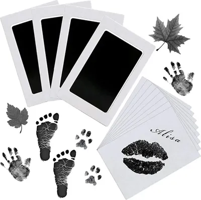 A collage of inkless fingerprint and footprint impression kits, along with decorative elements like leaves and a lipstick kiss print.
