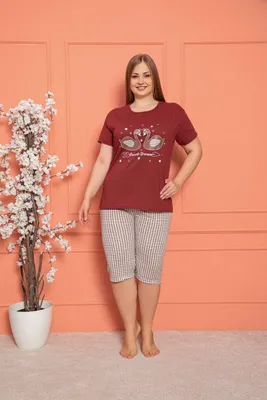 Produktbild von Damen Große Größen Pyjama Rot XL Kurz Baumwolle Schlafanzug 2-Teiler Set L-81