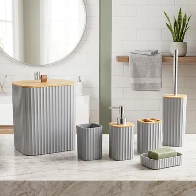 Produktbild von INONEFT 6-tlg Bad-Accessoire-Set mit Zahnbürstenhalter, Mundspülbecher, Seifenspender, Seifenschale, Badabfalleimer, Toilettenbürste Halter, grau