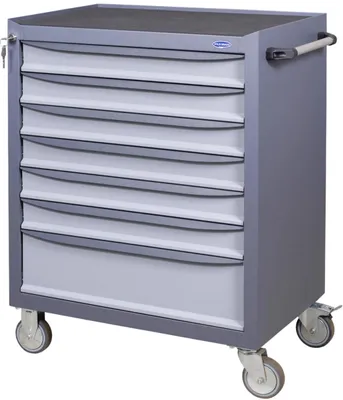 Zdjęcie produktu dla Duży wózek narzędziowy metalowy 90x74x44 cm; Warsztatowy, Mobilny, 7 pojemnych szuflad, Zamykany na zamek centralny, Uchwyt, Hamulec, Szary | TU 6SM