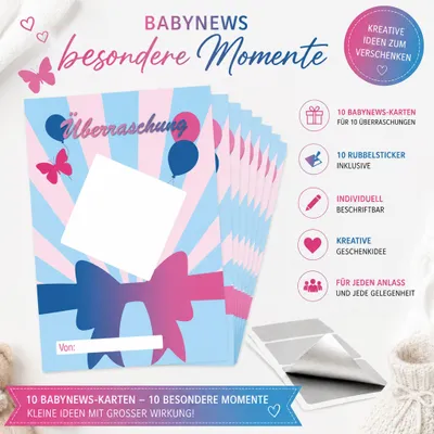10 Babynews-Überraschungskarten im Schleifen-Design mit 10 silbernen Rubbelstickern zum individuellen Beschriften und Freirubbeln.