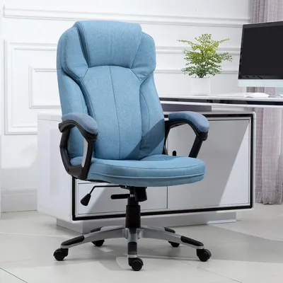 Zdjęcie produktu dla Fotel biurowy Vinsetto, krzesło komputerowe, krzesło obrotowe, regulowane na wysokość, funkcja bujania z zagłówkiem i podłokietnikami, ergonomiczne, jasnoniebieski len, 66 x 75 x 110-120 cm