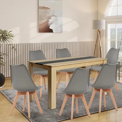 Produktbild von Essgruppe Esstisch mit 6 Stühlen 140cm Eiche-Schwarz Tisch Grau Stühle