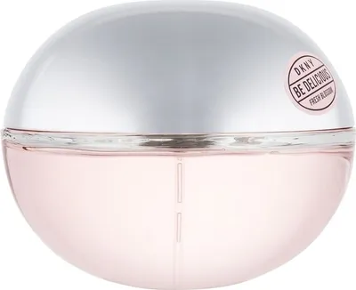 A close-up studio shot of a DKNY Be Delicious Fresh Blossom perfume bottle.