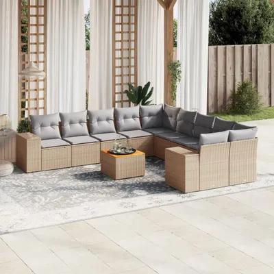 Produktbild von Design 11-tlg. Garten-Sofagarnitur mit Kissen Beige Poly Rattan, Gartenmöbel-Sets 2024 Neu